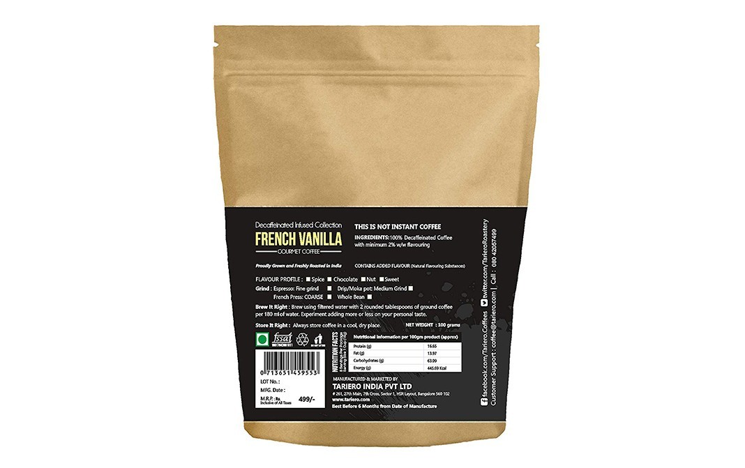 Tariero Artisan Roastery French Vanilla Gourmet Coffee   Pack  100 grams